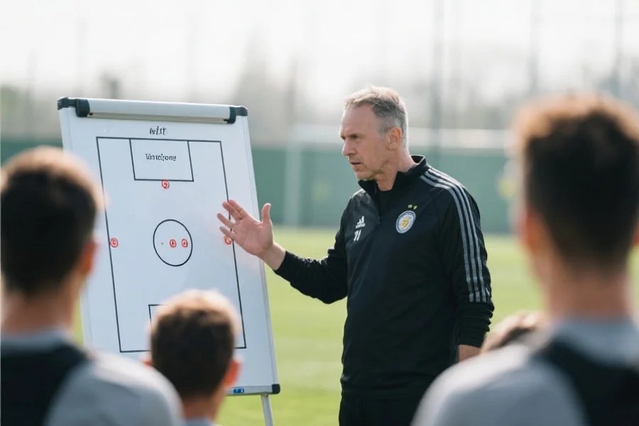 足球教练在战术板前指导球员